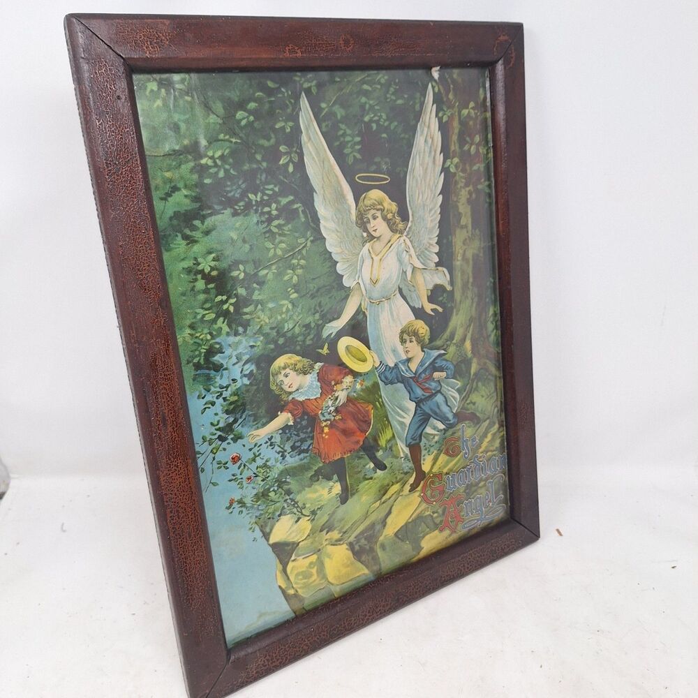 Vintage The Guardian Angel Lithograph Wood Framed Print Children Away From Cliff